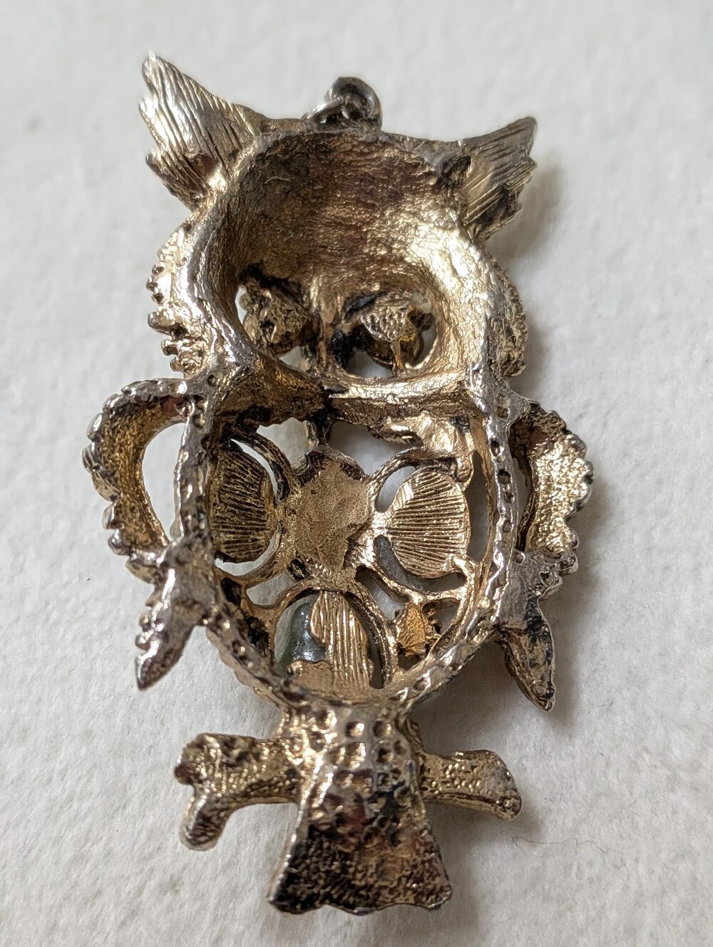 Vintage Gold Tone Owl Pendant with Green Rhinestone Eyes & Aventurine Stones - Picture 4 of 5